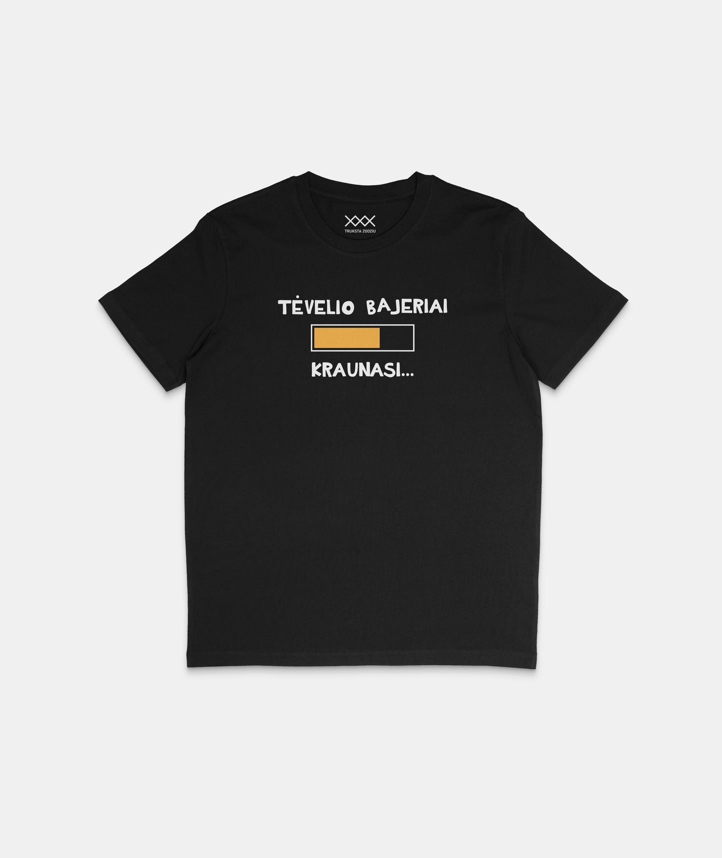 Juodi marškinėliai „Tėvelio bajeriai kraunasi“ ir krovimosi simboliu. Puiki dovana nuotaikingam tėčiui ar būsimam tėveliui.