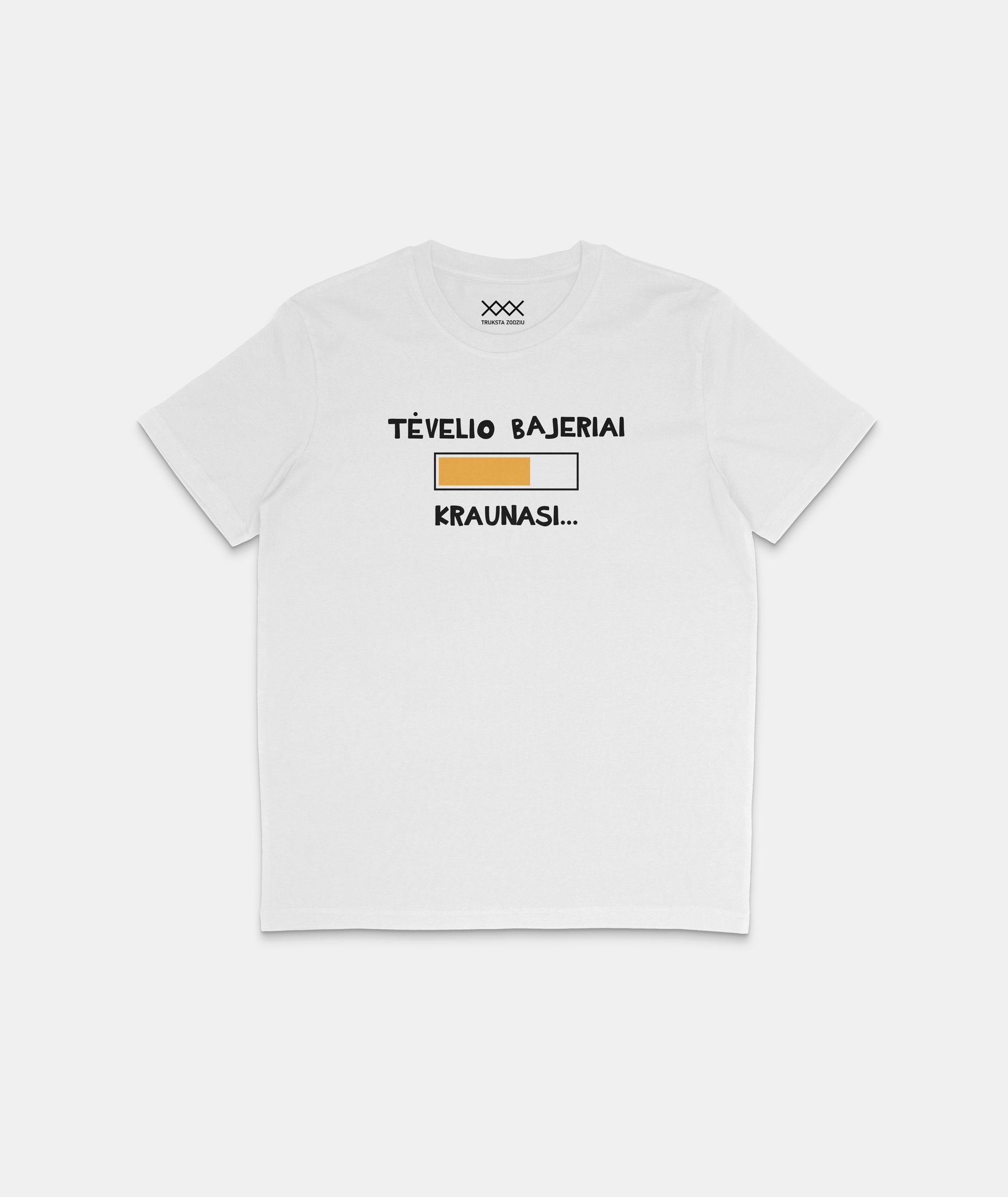 Balti marškinėliai su lietuvišku užrašu „Tėvelio bajeriai kraunasi“ - smagi marškinėlių dovana tėčiui Tėvo dienos proga.