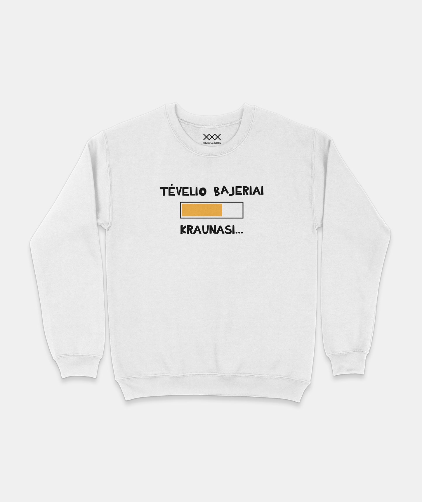 Baltas džemperis su šmaikščiu užrašu „Tėvelio bajeriai kraunasi“ – originali lietuviška dovana tėčiui, mėgstančiam juokelius.