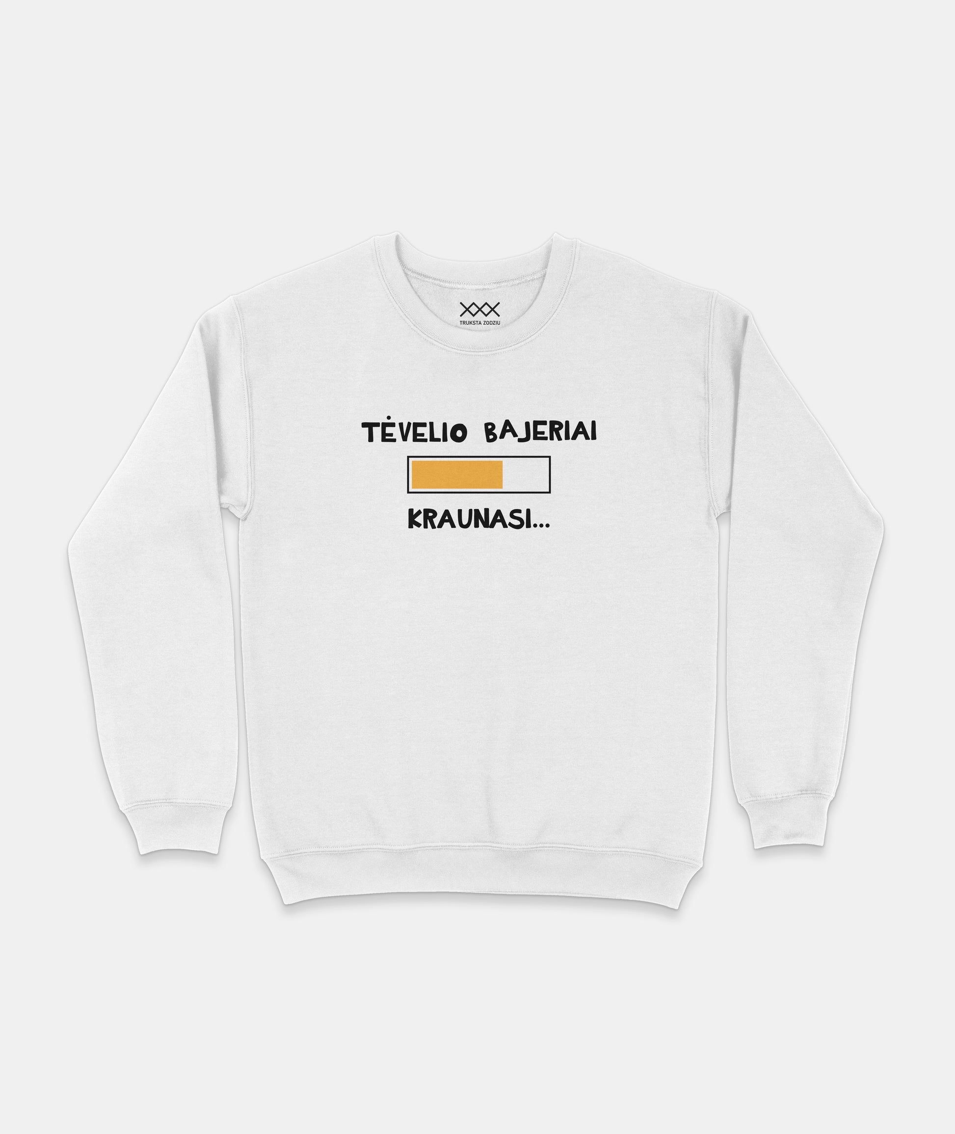 Baltas džemperis su šmaikščiu užrašu „Tėvelio bajeriai kraunasi“ – originali lietuviška dovana tėčiui, mėgstančiam juokelius.