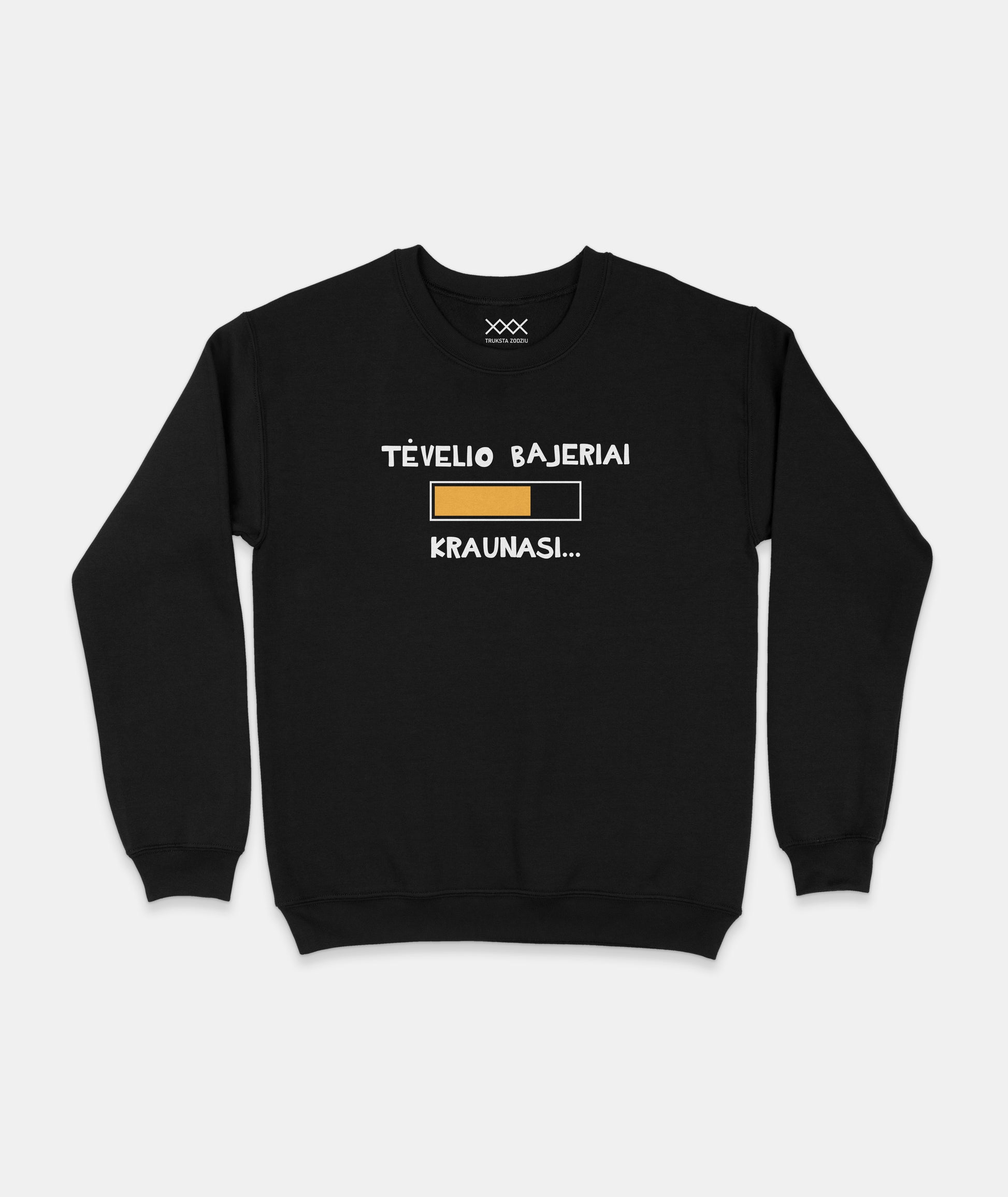 Juodas džemperis su krovimosi juosta ir fraze „Tėvelio bajeriai kraunasi“. Puiki humoro kupina dovana tėčiui.