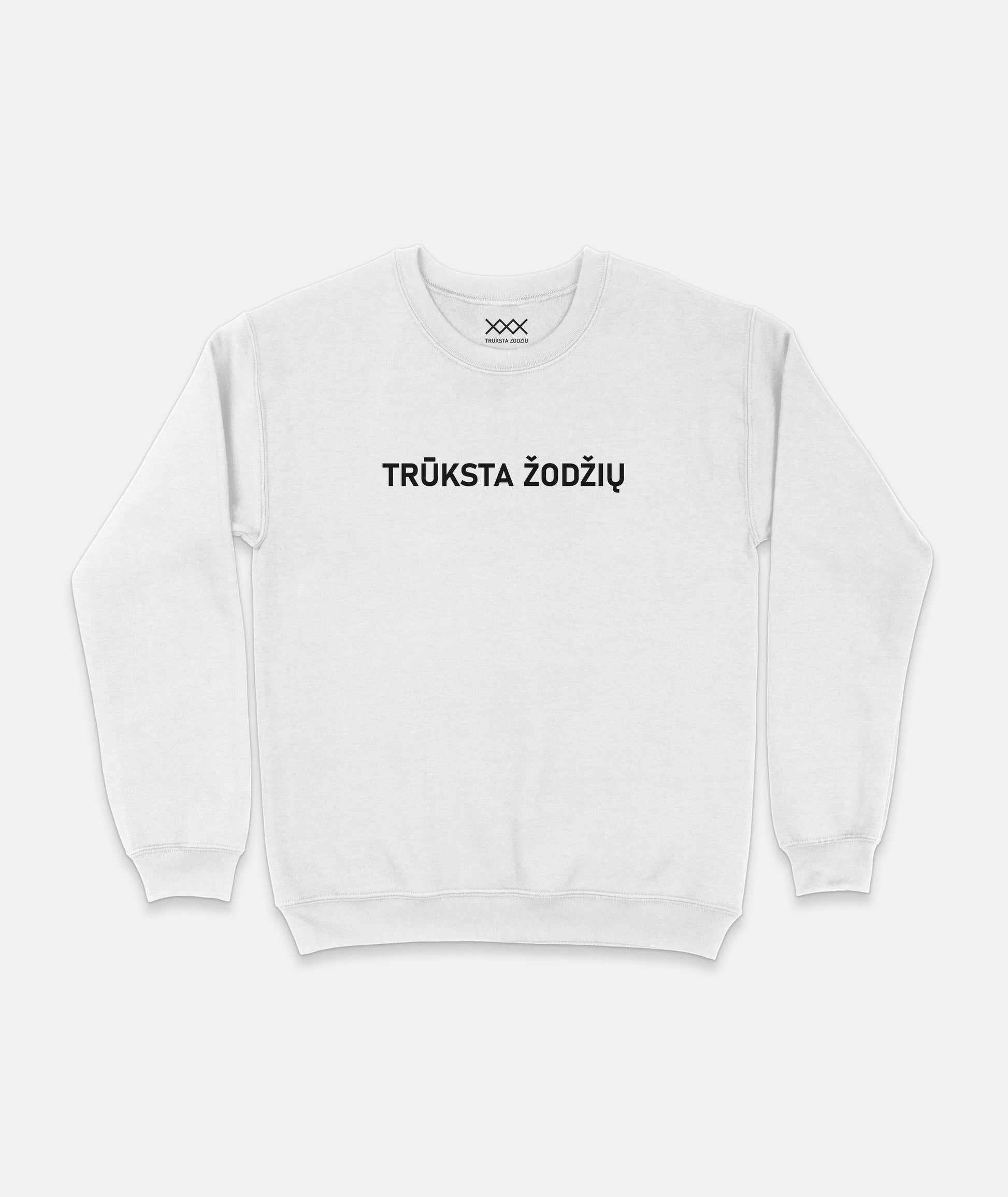 Baltas džemperis su užrašu - "Trūksta žodžių" , kuris kalba už tave. Universalus, prasmingas džemperis su lietuviška fraze.