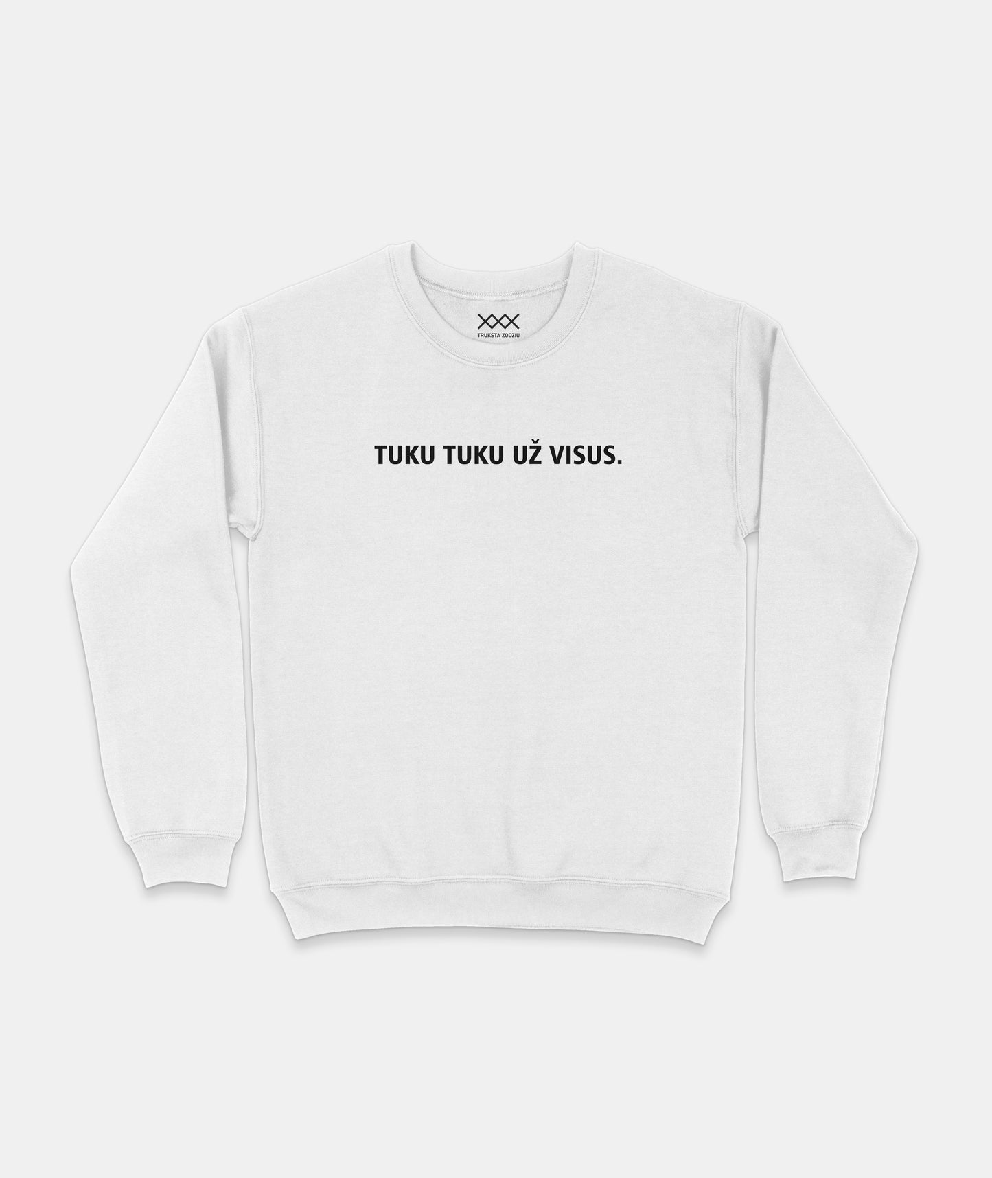 Baltos spalvos džemperis su minimalistiniu juodu užrašu „TUKU TUKU UŽ VISUS.“ – patogus ir stilingas pasirinkimas kasdienai.