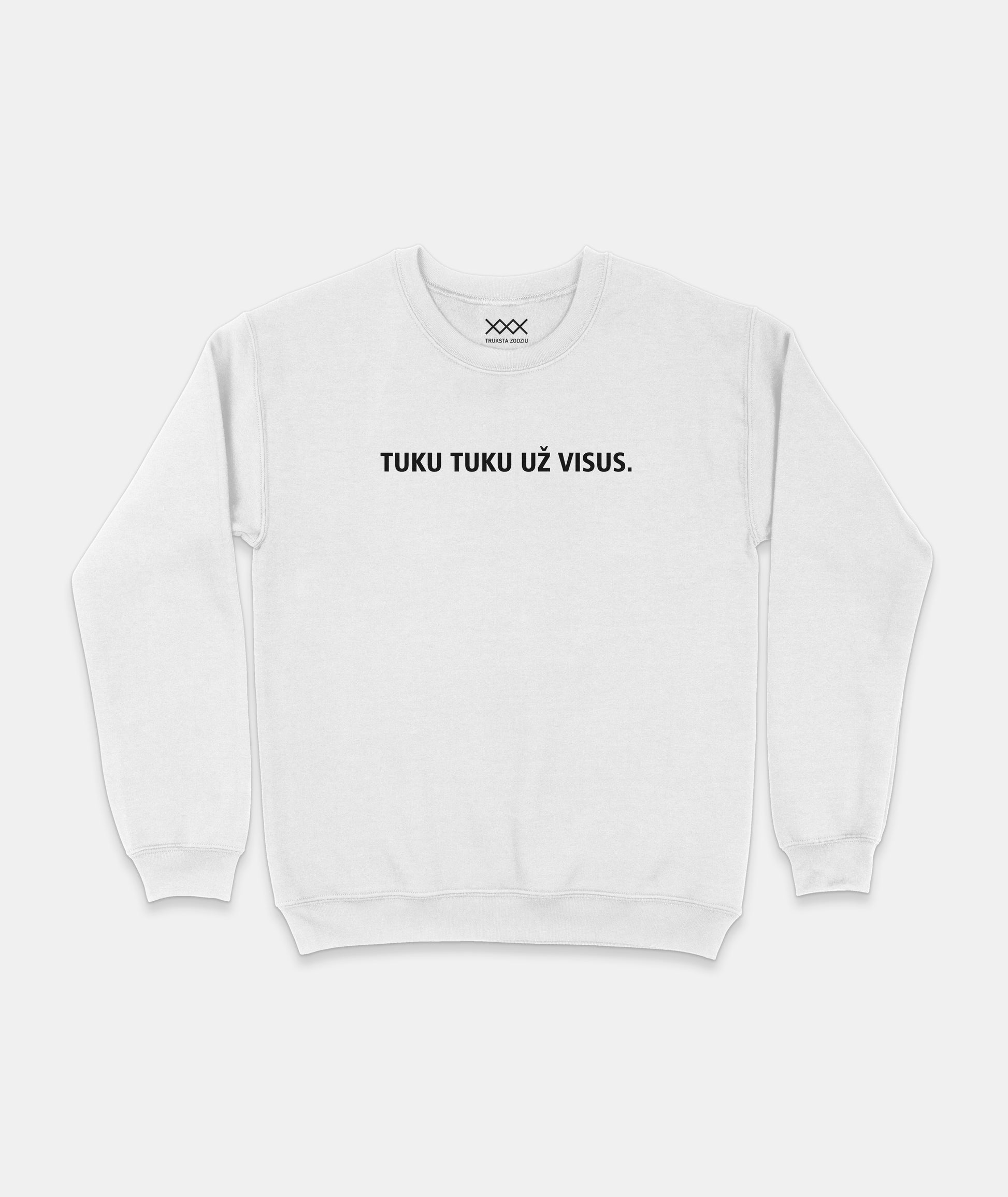 Baltos spalvos džemperis su minimalistiniu juodu užrašu „TUKU TUKU UŽ VISUS.“ – patogus ir stilingas pasirinkimas kasdienai.