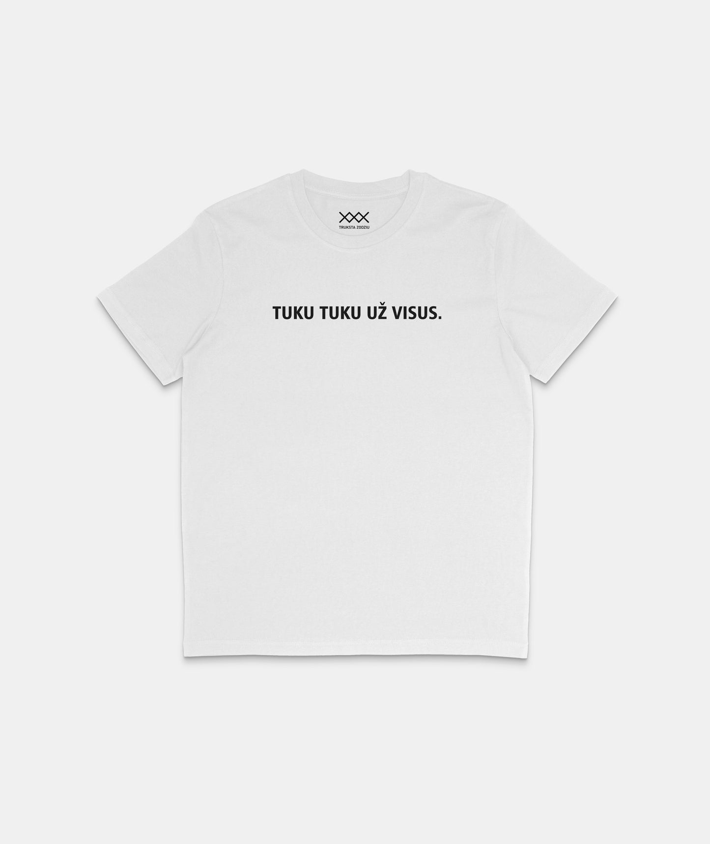 Klasikiniai balti lietuviški marškinėliai trumpomis rankovėmis ir vaikiško žaidimo fraze - „TUKU TUKU UŽ VISUS“.