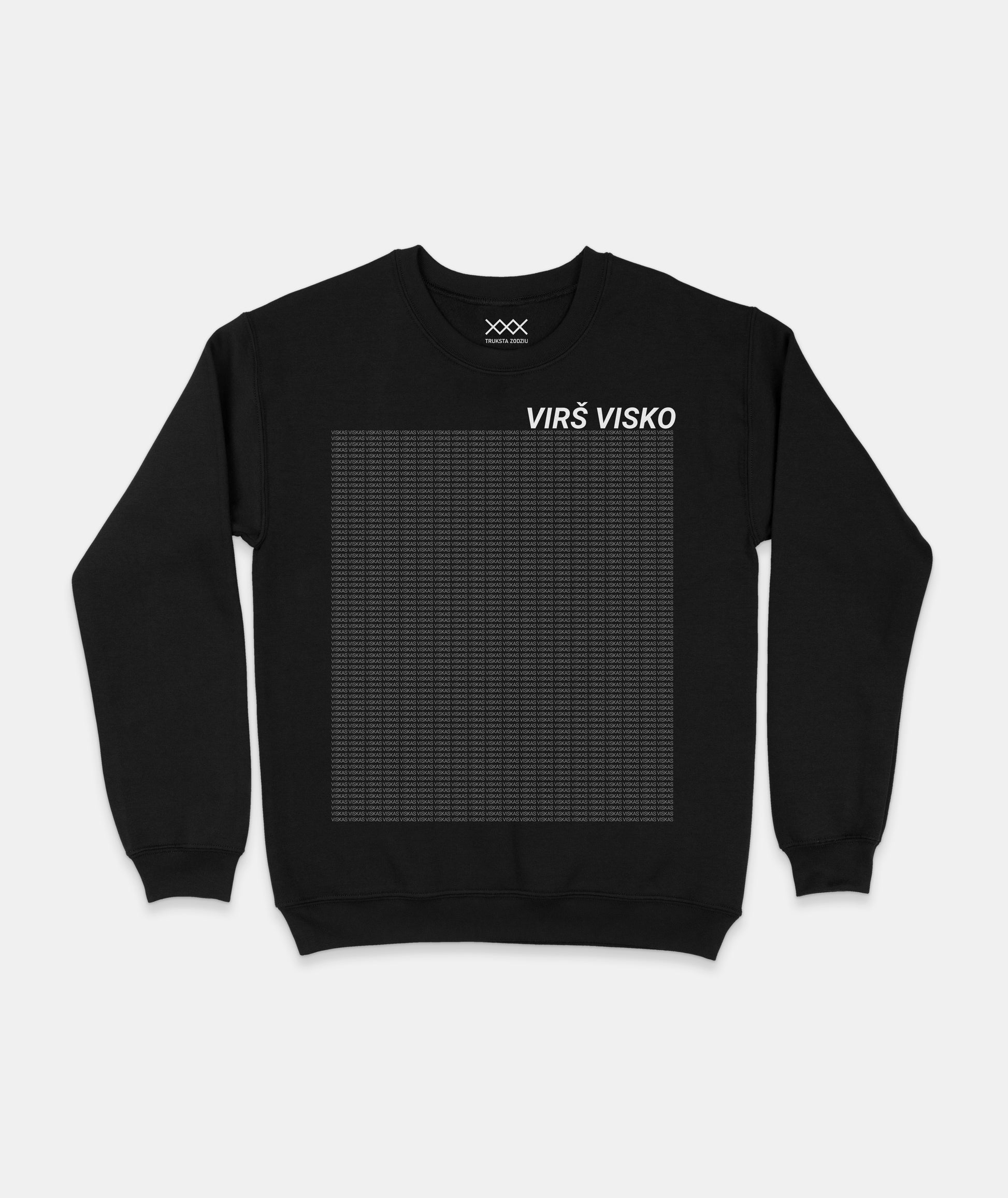 Lietuviškos tematikos juodi marškinėliai su daug užrašų "Viskas" ir lietuviška fraze "Virš visko" viršuje šių užrašų.