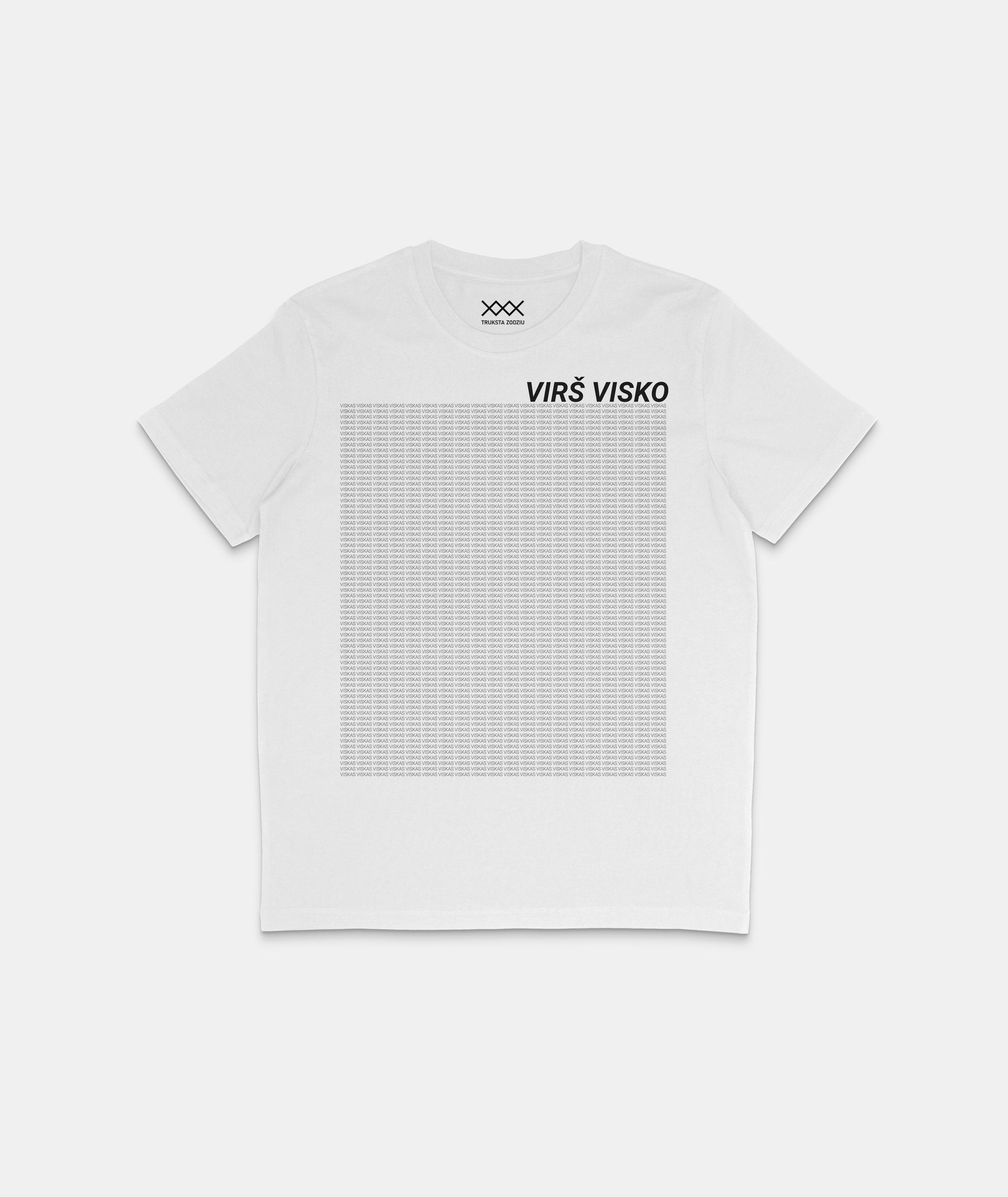 Stilingi balti marškinėliai su tekstiniu dizainu ir lietuviška fraze „VIRŠ VISKO“, puikiai tiksiantys prie miesto aprangos.