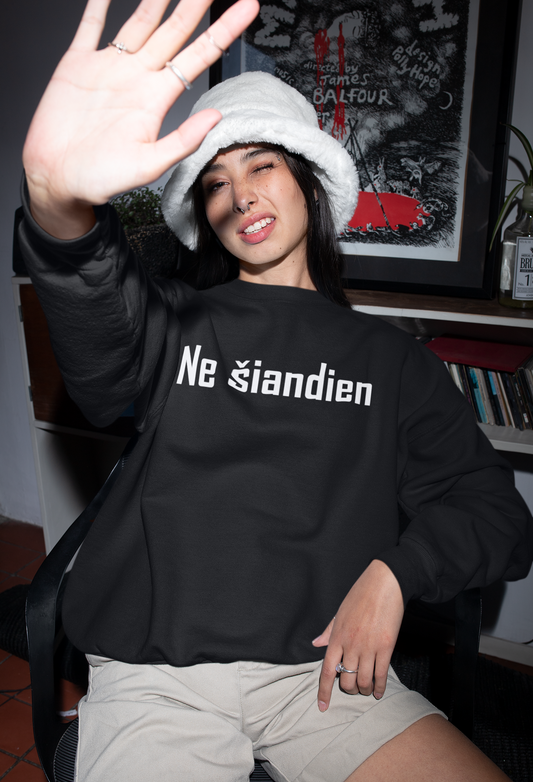 Mergina pozuoja apsivilkusi juodu džemperiu su lietuvišku užrašu - "Ne šiandien", kuris yra jaunatviško urban stiliaus.